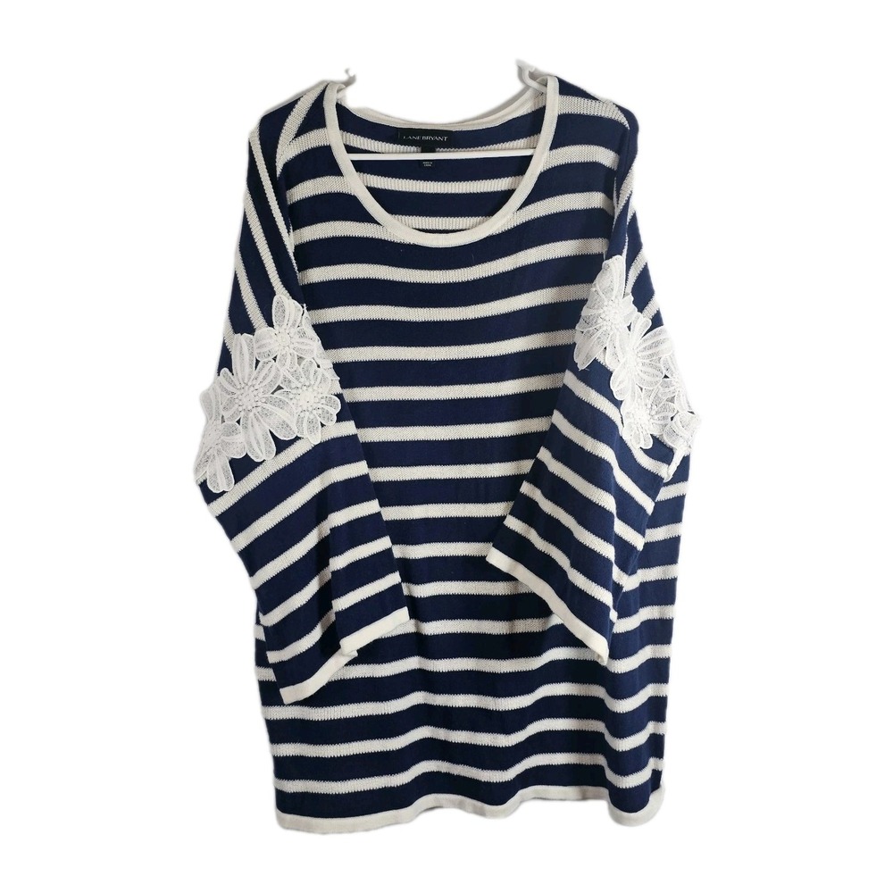 Lane Bryant Navy/White Stripe Pullover Floral Lace‎ Long Sleeve Sweater Sz 18/20